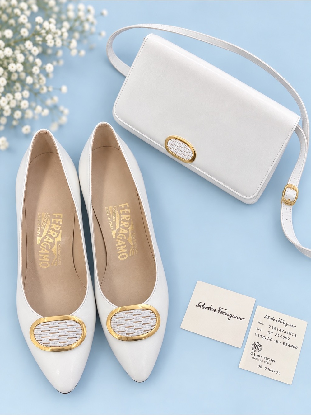 Salvatore Ferragamo White Leather Pointed Flats with Gold Woven Medallion